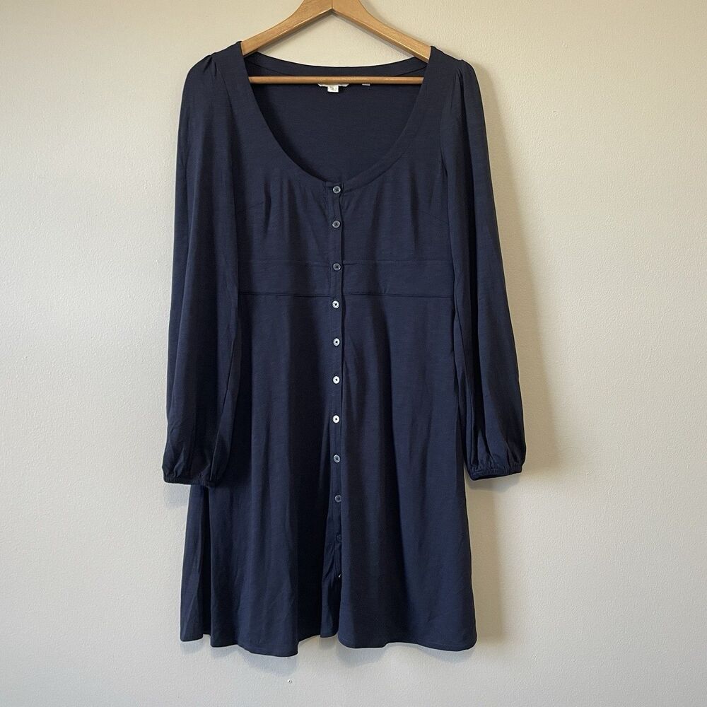Boden Women's Button Front Dress 12R Navy Blue Pockets Cotton Modal Casual